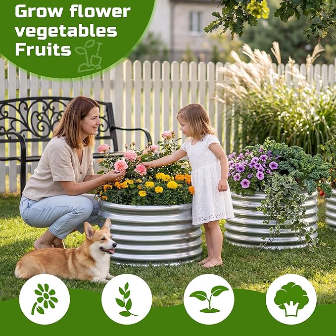 AHEONLAR 3PCS 2x2x2FT Galvanized Raised Garden Bed Kit Round Metal Flower Box Large Planter Raised Beds Outdoor Garden for PlantingFruitHerb Silver