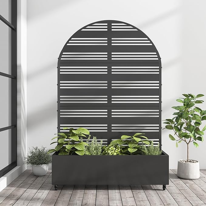 Casaphoria Metal Raised Garden Bed with Trellis and Wheels 72x47x16 Arched Planter Box for Climbing Plants Vegetables &amp Vines Features Drainage Holes and Privacy Screen (Black-Harold)