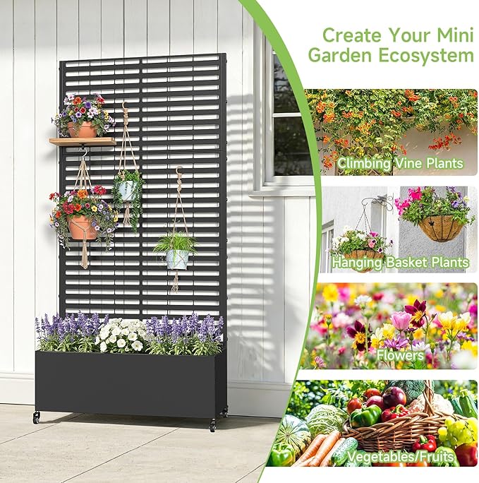 Metal Raised Garden Bed with Trellis and Wheels 73 x 35 x 16 Planter Box with Trellis with Drainage Holes Privacy Planters for Patio with Privacy Screen for Climbing Plants Flowers Vegetables