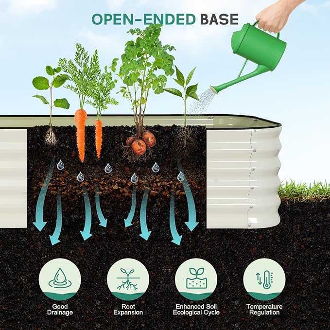 5 in 1Galvanized Raised Garden Bed - 8x3x1.4ft Modular Garden Planter Bed Outdoor | Steel Raised Bed Kit with Bracing Rods Gloves for Gardening Vegetables Fruits and Flowers - White