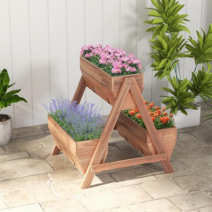 Giantex Vertical Raised Garden Bed 3 Wood Planter Boxes for Flower Vegetable Fruit Herb Freestanding Garden Planter with Drain Holes Elevated Raised Beds for Indoor Outdoor Lawn Patio Yard Brown