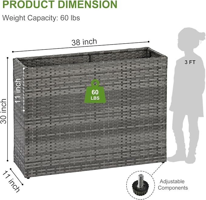 LEWIS&ampWAYNE Large Rectangular Block Planter Box Handmade Wicker Tall Planters for Outdoor Plants with Removable Liners Modern Planter for Indoor Outdoor Patio Deck - Gray 38''x11''x30''