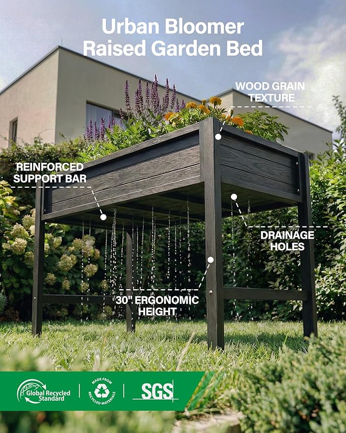 YEFU HIPS Raised Garden Bed: 48x24x30in Black Raised Garden Beds Outdoor with Drainage &amp Legs - Planter Boxes Outdoor for Herb Vegetable Plant Gardening on Patio Deck for Suburban Homeowners