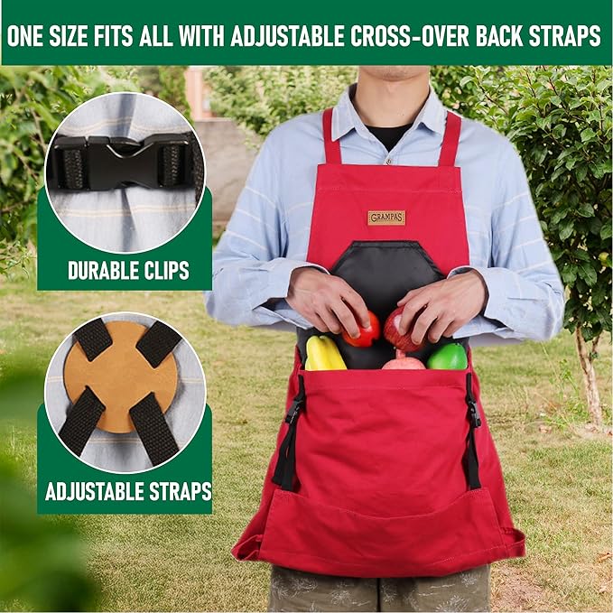 Grampa's Garden Apron - Cross Back Gardening Apron With Pockets For Women &amp Men | Harvest Apron with Large Kangaroo Pouch