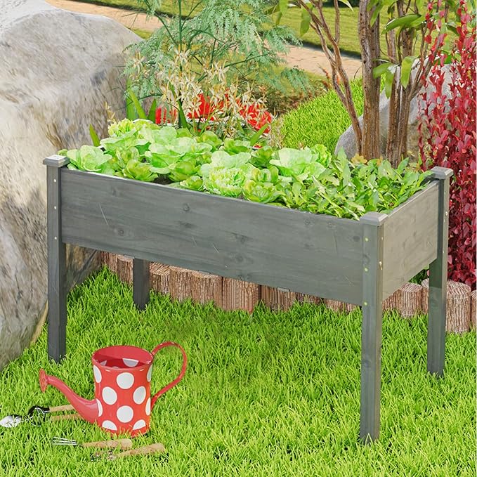 Raised Garden Bed 48” x 22” x 30” Elevated Planter Box w/Legs &amp Drainage Hole Wooden Planter Raised Bed for Vegetables Flowers Herbs Perfect for Outdoor Gardening Backyard Lawn Grey