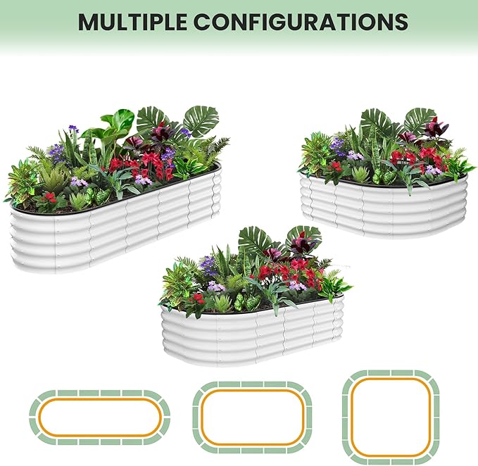 PioneerWorks Galvanized Raised Garden Bed 8x2x1 Ft Oval Open-Ended Metal Planter Box for Vegetables Flowers Herbs Sturdy Reinforced Design Easy Assembly for Outdoor Patio Yard White