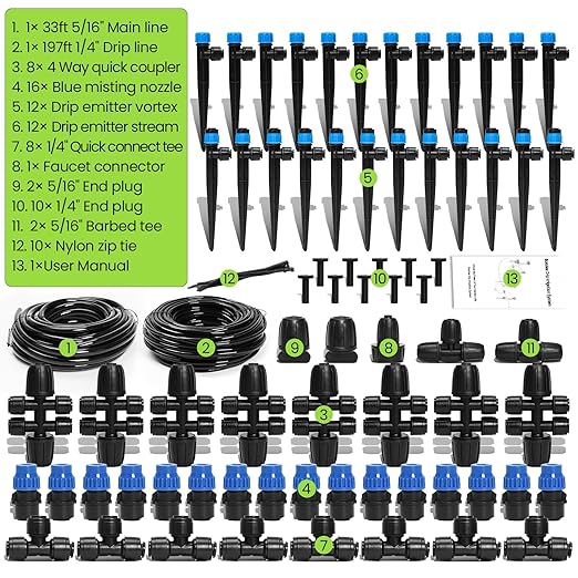 Bonviee Drip Irrigation System 230FT – Quick Connect Garden Watering Kit with Adjustable Drip Emitters 1/4” &amp 5/16” Tubing for Raised Beds Greenhouse Lawn Automatic Timer Compatible