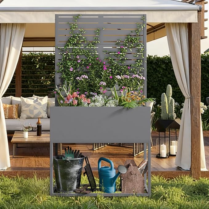 Metal Planter Box Multi-Functional &amp Easy to Assemble 67 H x 35 W Raised Garden Bed for Climbing Plants Elevated Standing Garden Planter with Drainage Holes for Outdoor Patio Grey