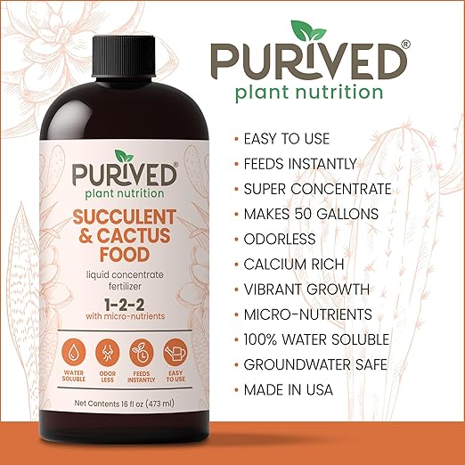Purived 16oz Succulent &amp Cactus Liquid Fertilizer – Makes 50 Gallons Ideal for Aloe Jade Cacti &amp More All-Natural Groundwater Safe Made in USA