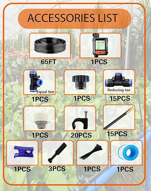 Drip Irrigation System 360 Degree Adjustable Garden Sprinkler High Output Mist Spray Nozzle for Potted Plants Easy Connect &amp Rotating Head Customizable Water Flow (65FT+15spray nozzles+Timer)