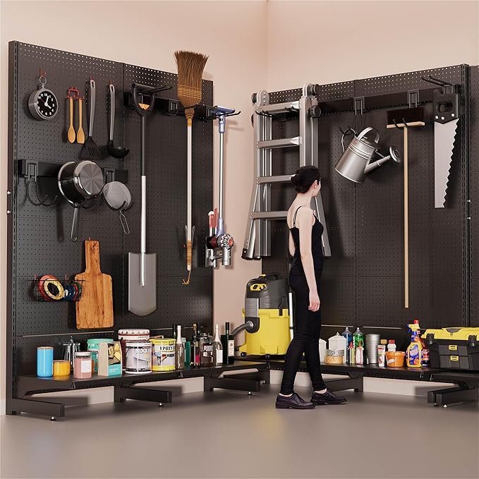 JWX Garage Pegboard Tool Organizer Free Standing Organizer Storage Rack with 21 Pegboard Storage Set Max 300 lbs Super Heavy Duty Garden Tool Hanger Rack for Ski Gears Broom Shovel Yard Tools