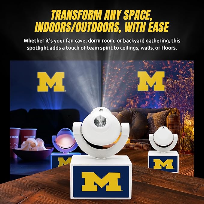 Sporticulture NCAA American Football Michigan - Adjustable Led Mini Spotlight Projector with 6 Team Logo Designs - Portable &amp Rechargeable Spotlight - Battery-Operated - 4.375” x 3.125”