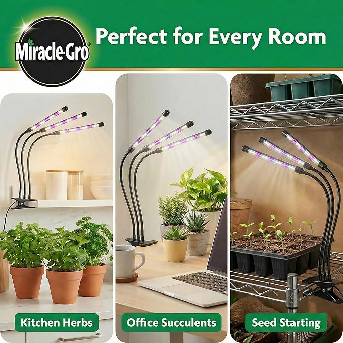 Miracle-Gro LED Grow Light for Indoor Plants 4-Head | Selectable Spectrum Clip On Plant Light with Timer &amp Dimmable Modes | Flexible Gooseneck Lamp for Seed Starting Succulents Herbs &amp House