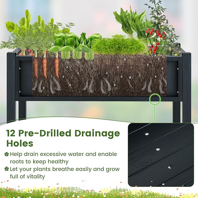 Giantex HIPS Raised Garden Bed Elevated Planter Box w/Legs Storage Shelf Drainage Holes Weather-Proof Standing Raised Beds for Backyard Balcony Flower Vegetable (Black 34 x 18 x 29)