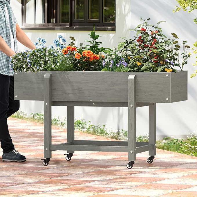 LUE BONA Raised Garden Bed with Wheels 48 * 16.7 * 28 in Poly Elevated Outdoor Planter Box with Tools Weather Resistant Standing Growing Bed Herb Planter for Vegetable Flowers Fruits
