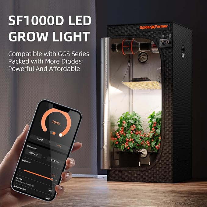 Spider Farmer Upgraded SF1000D 100W LED Grow Light Dimmable &amp Full Spectrum New-Gen High-Performance Diodes &amp Enhanced PPFD for Indoor Plants Veg/Bloom Hanging Growing Lamp in 2x2 Grow Tent