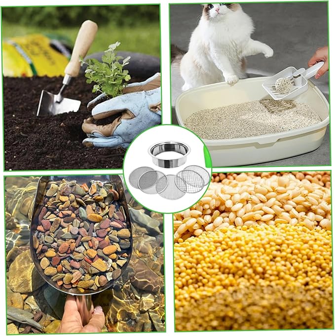 5Pcs Soil Sifter for Gardening Stainless Steel Soil Sifter Set with 5 Filter Mesh Sizes 1 3 6 9 12mm and Bonsai Scoops Gardening Tool