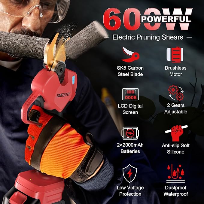 Cordless Electric Pruning Shears 1.6 Cutting Diameter Power Pruner Brushless Branch Cutter with LCD Display Dual 2.0Ah 21V Battery Powered Trimming Scissors for Gardening Tree Pruning