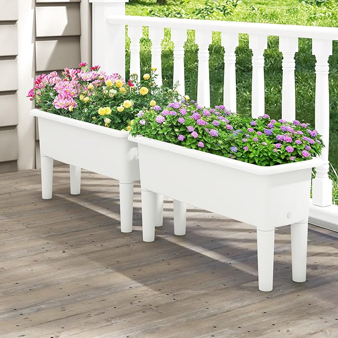 Giantex Raised Garden Beds Outdoor Set of 2 Self-Watering Planter Box with Detachable Legs &amp Drainage Hole Outdoor Raised Container for Vegetable Fruit Herbs 31.5”Lx12”Wx16”H Easy Assembly (Wh