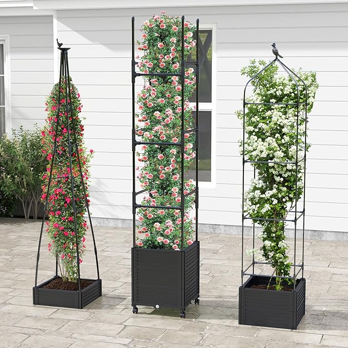 HAPPYGRILL Raised Garden Bed 81” Tomato Cage w/Self-Drainage System Adjustable Size &amp Wheels for Climbing Vine Fruits Flowers Tomato Planter Box for Indoor Outdoor Yard Lawn Patio Greenhouse (2