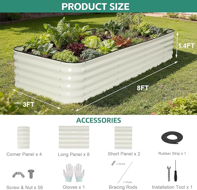 5 in 1Galvanized Raised Garden Bed - 8x3x1.4ft Modular Garden Planter Bed Outdoor | Steel Raised Bed Kit with Bracing Rods Gloves for Gardening Vegetables Fruits and Flowers - White