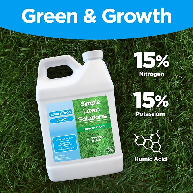 Superior 15-0-15 Liquid Lawn Fertilizer - Lawn Food for Growth &amp Green - Nitrogen Potassium Humic Fish &amp Seaweed - Any Grass Type- Simple Lawn Solutions - All Season- Concentrate (64 Ounce)