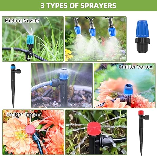 250FT Drip Irrigation System Kit Automatic Garden Watering System with 1/2 Hose and 1/4 Distribution Tubing-Adjustable Nozzles &amp Sprinklers for Garden Irrigation Yard Lawn Potted Plants。