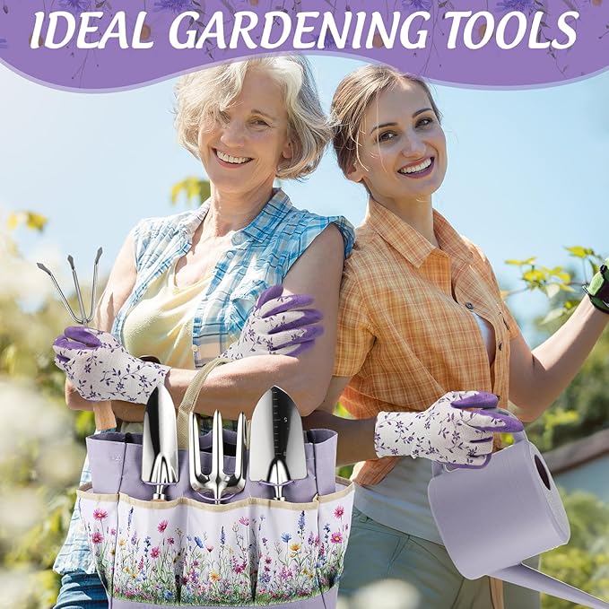21 Piece Gardening Gifts for Women Heavy-Duty Gardening Tools Set for Wife Grandma Garden Kit Hand Tools with Purple Floral Tote Bag Water Can Gloves Garden Accessories Supplies Items