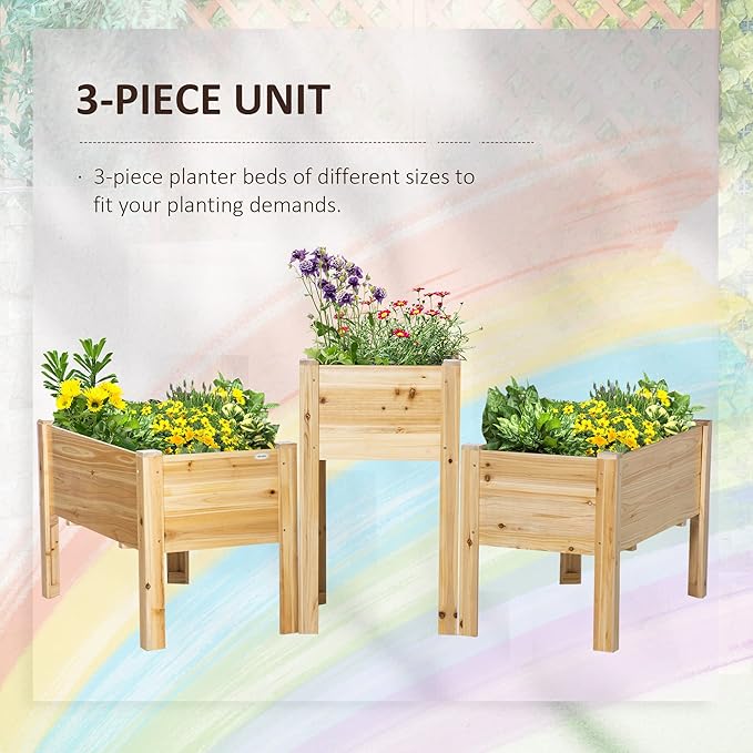 Outsunny Raised Garden Bed Set of 3 Wooden Elevated Planter Box with Legs and Bed Liner for Backyard and Patio to Grow Vegetables Herbs and Flowers Natural