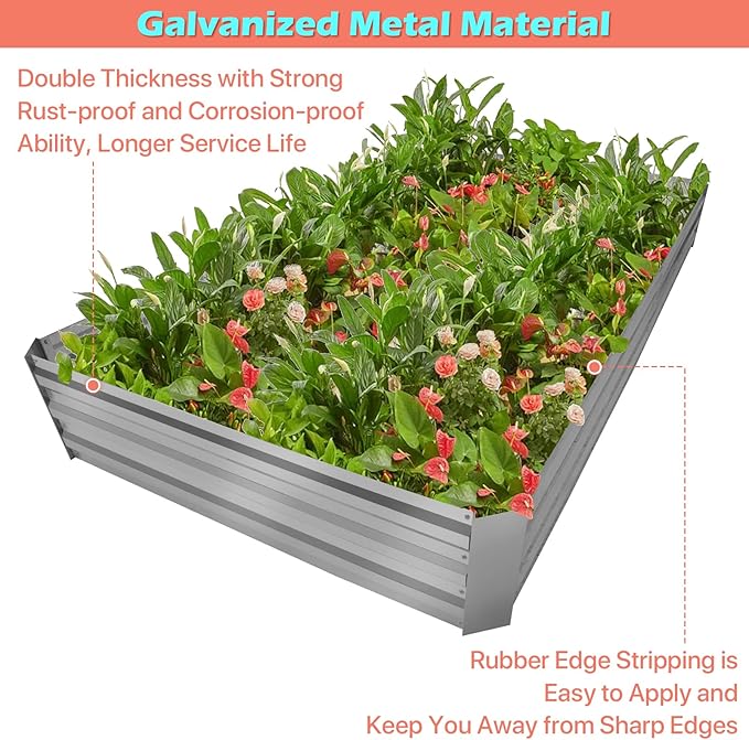 HKLGorg Galvanized Raised Garden Bed 8 x 4 x 1ft Galvanized Planter Large Metal Planter Box Raised Garden Bed for Flowers Vegetables and Fruits Rustproof Planter Box with No Bottom Silver