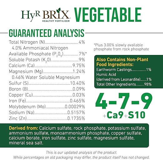 HyR BRIX Slow-Release 4-7-9 Vegetable Fertilizer 45lb Bag - Garden Fertilizer with Calcium &amp Sulfur - Essential Micronutrients for Healthier Produce - Made for Variety of Crops