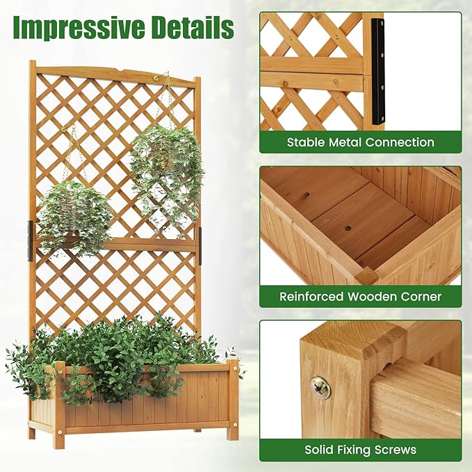 HAPPYGRILL 2 Pcs Raised Garden Bed 71 Wooden Planter Box with Trellis Drainage Holes Freestanding Elevated Garden Bed for Vine Climbing Plants (Yellow)