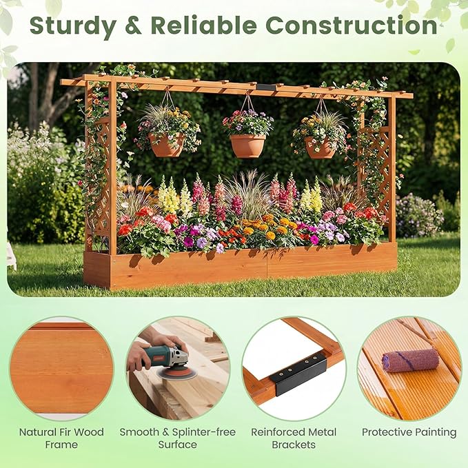 Giantex Wooden Raised Garden Bed with Trellis &amp Hanging Roof 2 Pack Fir Wood Planter Box 45” Freestanding Elevated Garden Bed for Outdoor Climbing Plants Vegetables Flowers Patio &amp Balcony