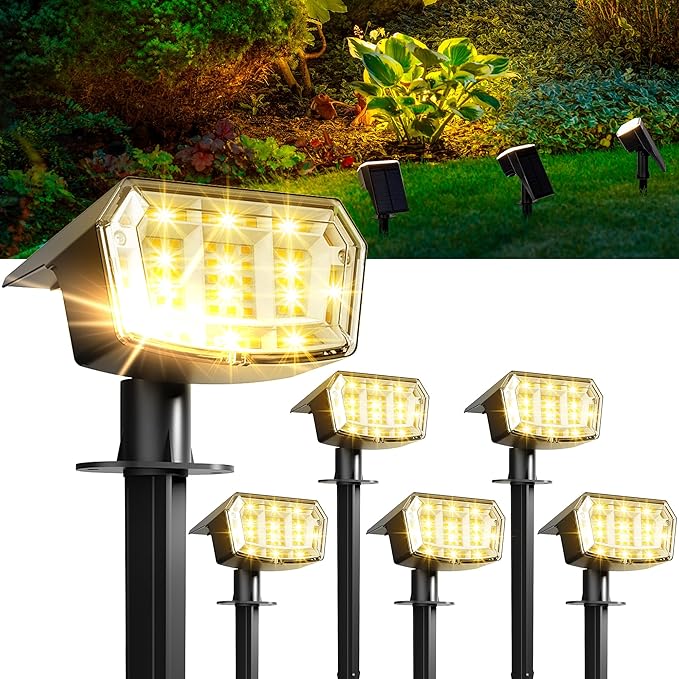 GIGALUMI Solar Spot Lights Outdoor Waterproof 6 Pack Warm White IP65 63 LED 3 Lighting Modes Spotlights for Garage Yard Garden House Pathway