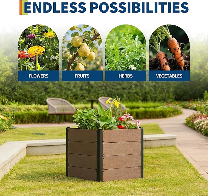 Wood Look Elevated Garden Bed for Patio Deep Root Planter Box with Durable Composite Material Space-Saving Outdoor Garden for Vegetables &amp Herbs Easy Assembly25 x 25x 23Without Bottom