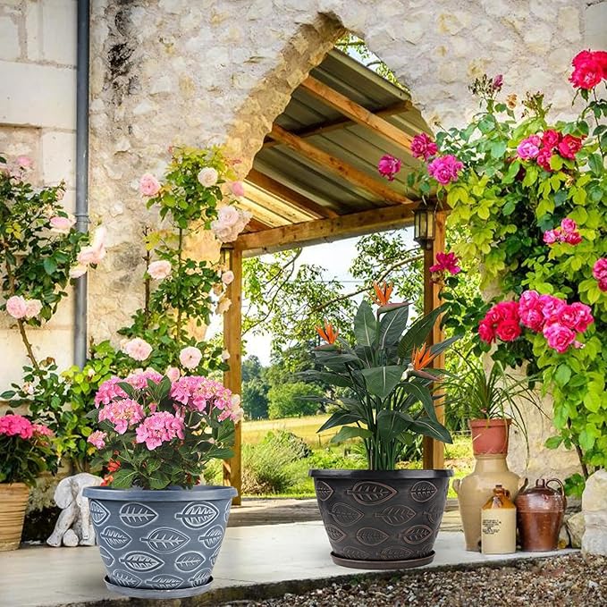 3 Pack Flower Pots Outdoor 11 Inch Plant Pots Indoor Large-Plastic-Plant-Flower-Planters-Pots with Drainage Hole &amp Tray Modern Decorative Garden Pot with Saucer(Brown)