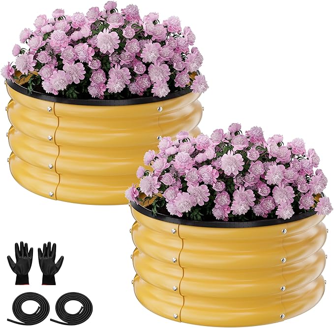 Round Galvanized Raised Garden Bed Kit 2 Pcs 2 x 2 x 1ft Autumn Gold Galvanized Garden Boxes Outdoor for Vegetables