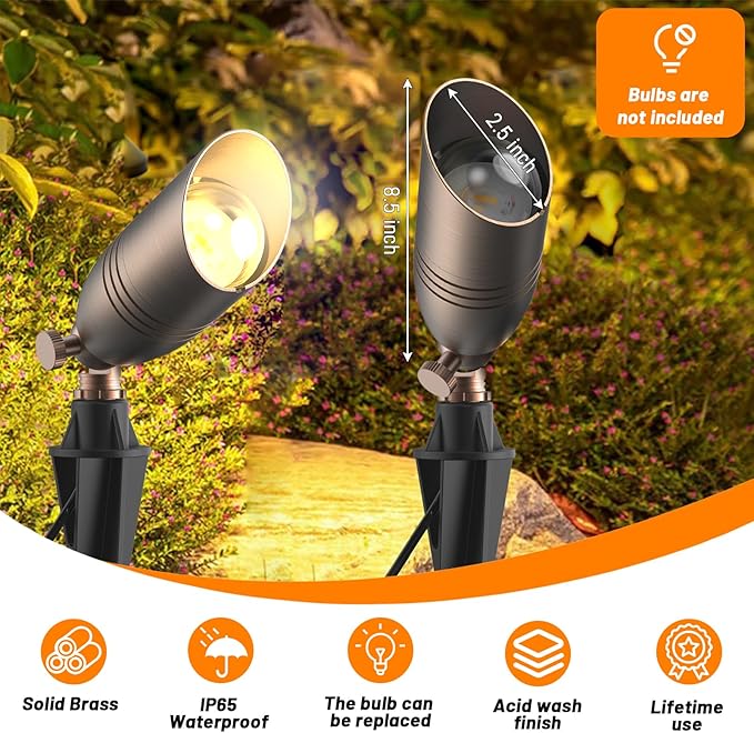 ZONEGRACE Solid Brass 12V Low Voltage Landscape LightingHeavy-Duty Waterproof Outdoor LED Spotlights Fixtures with Connectors Bronze Uplights &amp Accent LightsMR16 Bulb Not Included (Classic6 Pa
