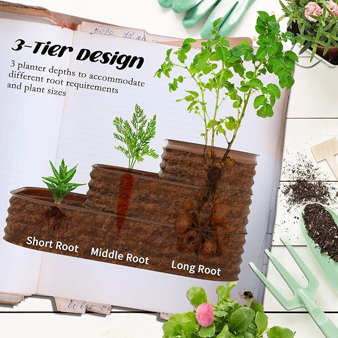 3-Tier Galvanized Steel Raised Garden Bed Kit 62.25 x 43 x 32.25 3 Combining Planter Boxes with Rubber Strip Edging Open Bottom for Backyard Garden Patio Brown