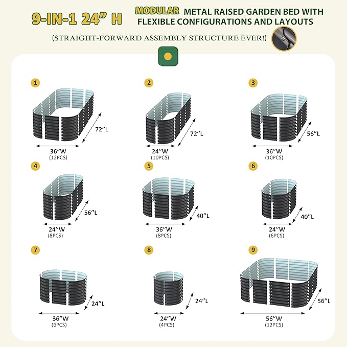 6ftx3ftx2ft Raised Garden Bed Outdoor for Vegetables 9-in-1 Galvanized Metal Planter Box with 2 Aluminum Support Rods 24''H Modular Garden Bed Kit Oval for Herbs and Flowers Gray