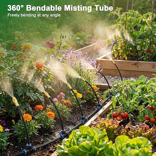 Drip Irrigation System 2026-Upgrade 50Ft 1/4 Garden Watering System with 12 Pcs 360° Adjustable Copper Nozzles DIY Kit for Garden Lawn Greenhouse Raised Beds &amp Outdoor Plants