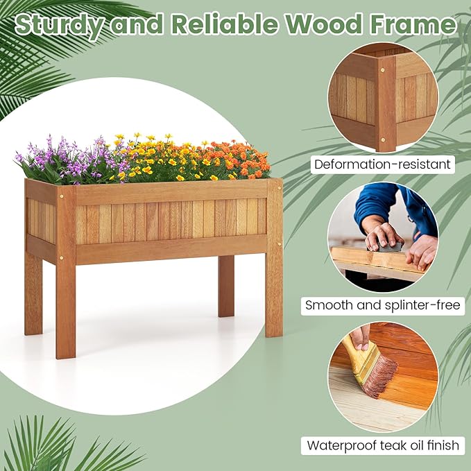 Giantex Wooden Raised Garden Bed Wood Elevated Planter Box w/Legs 35”Lx 16”Wx24”H Outdoor Planter Stand for Flower Herb Vegetable Fruit Succulent