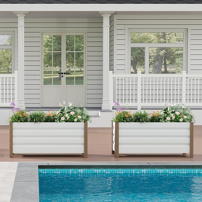 Garvee Aluminum Planter Box 24x16x18 Modern Raised Garden Bed with Rounded Corners &amp Anti-Cut Edging Deep Design with Drainage Holes for Outdoor Patio &amp Balcony White