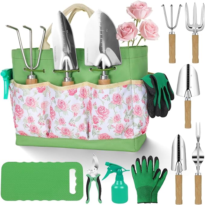 Garden Tool Set10 Piece Garden KitHeavy Duty Stainless Steel Gardening Hand Tools with Durable Storage ToteRust-Proof Garden ToolsGardening Gifts for Women Men Pink Floral Pattern Design