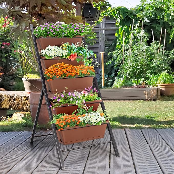 5-tier Vertical Garden Planter Box Heavy-duty and Powder-coated Iron Pipes Elevated Raised Bed with 5 Container Box Each Garden Planter Box 19.5'' x 7.5'' x 6.5''