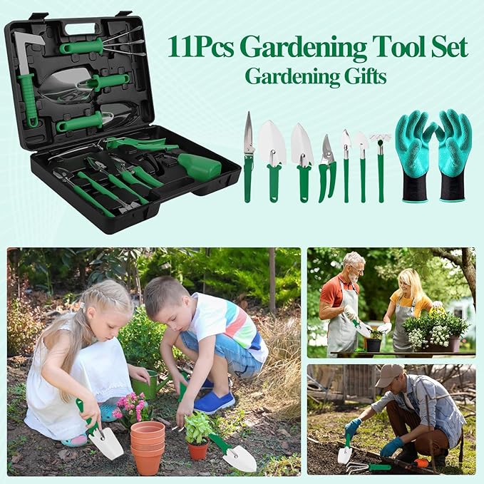 Gardening Tool Set 11 Pieces Gardening Tools with Carrying Case Garden Tool Kit for Digging Planting Pruning Unique Gardening Set with Gloves for Women and Men (Green)