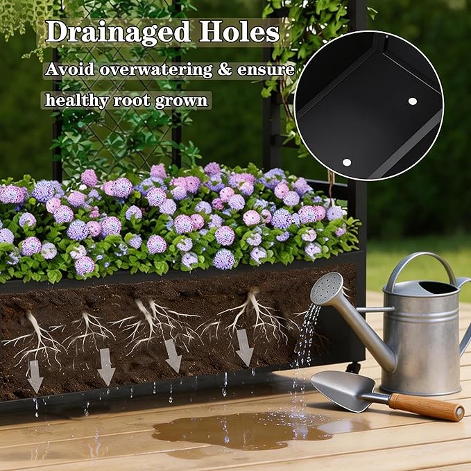 74 Mobile Planter with TrellisWeatherproof Vertical Raise Garden Bed with Trellis &amp Hanging Roof for Climbing PlantsFlowersVegetablesRust-Proof Metal Privacy Planter for Patio (Black-B)