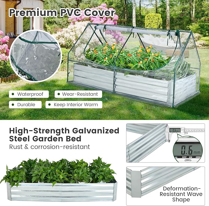 Giantex Galvanized Steel Raised Garden Bed with Mini Greenhouse Outdoor Metal Planter Box Kit with Large Roll-up PVC Cover 71x 35.5x 36 Planter Raised Bed for Growing Flower Herb Vegetable Fruit