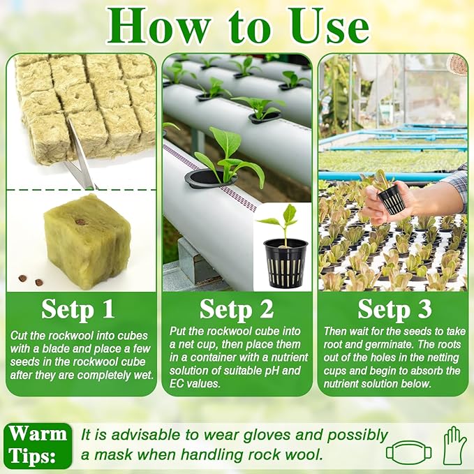 Halatool 24 x 2-Inch Rockwool Cubes &amp 24 x 3-Inch Net Cups - Hydroponics Starter Kit for Plants Cloning Seed Starting and Patio Gardening - Durable Effective Great Gift Option
