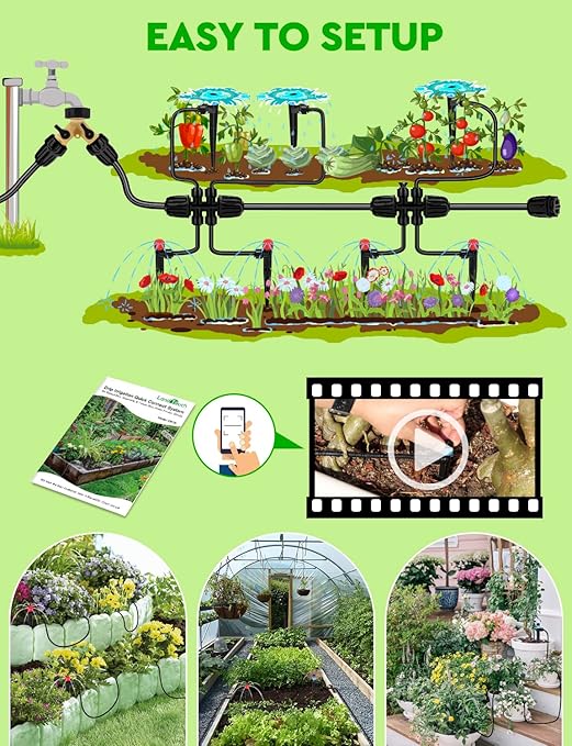 250FT Drip Irrigation System for Garden - 50FT 1/2 Main Tube &amp 200FT 1/4 Branch Tubing Brass Splitter Quick Connect Design Perfect for Outdoor Plants Raised Beds Greenhouses
